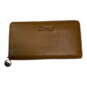 DKNY Leather Wallet Zip Around Med.Brown Gold Hardware Genuine Textured Leather